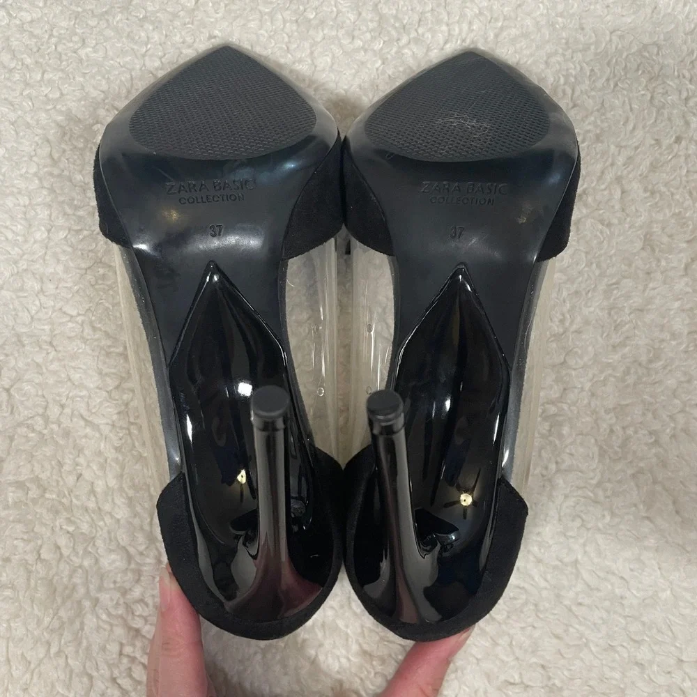 Zara Black Clear PVC Vinyl Pointed Toe Stiletto Pumps Faux Suede Glam Vamp 37
